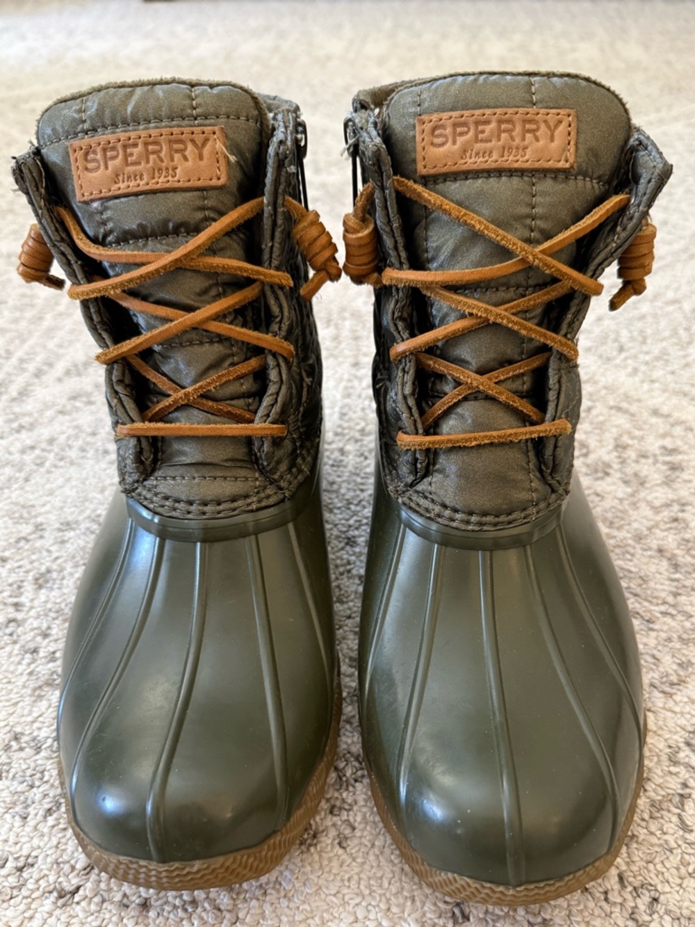 Sperry Saltwater Quilted Duck Boots Olive Sz 7 Waterproof